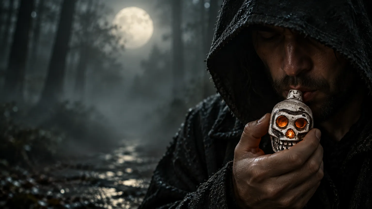 A person blowing into the neck of the skull whistle replica in a misty, moonlit forest