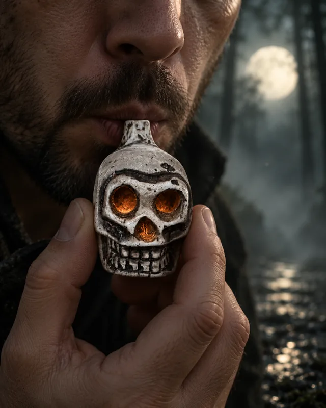 Close-up of a person blowing into the neck of the skull whistle replica