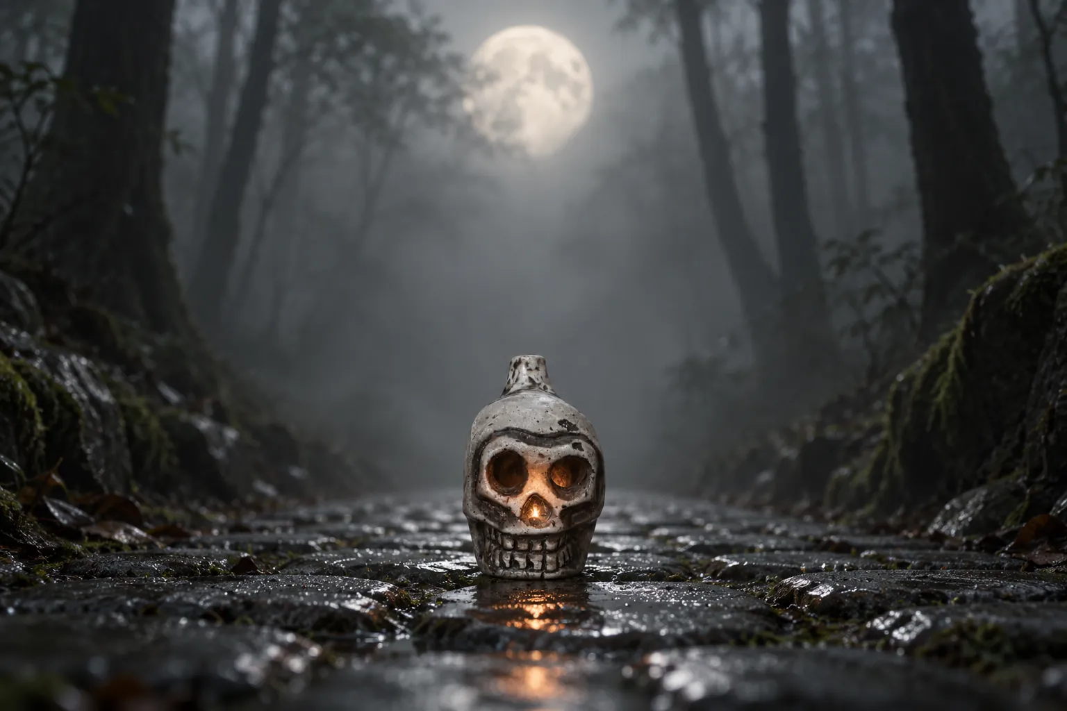 The skull whistle replica alone on a wet forest path under a blurred full moon