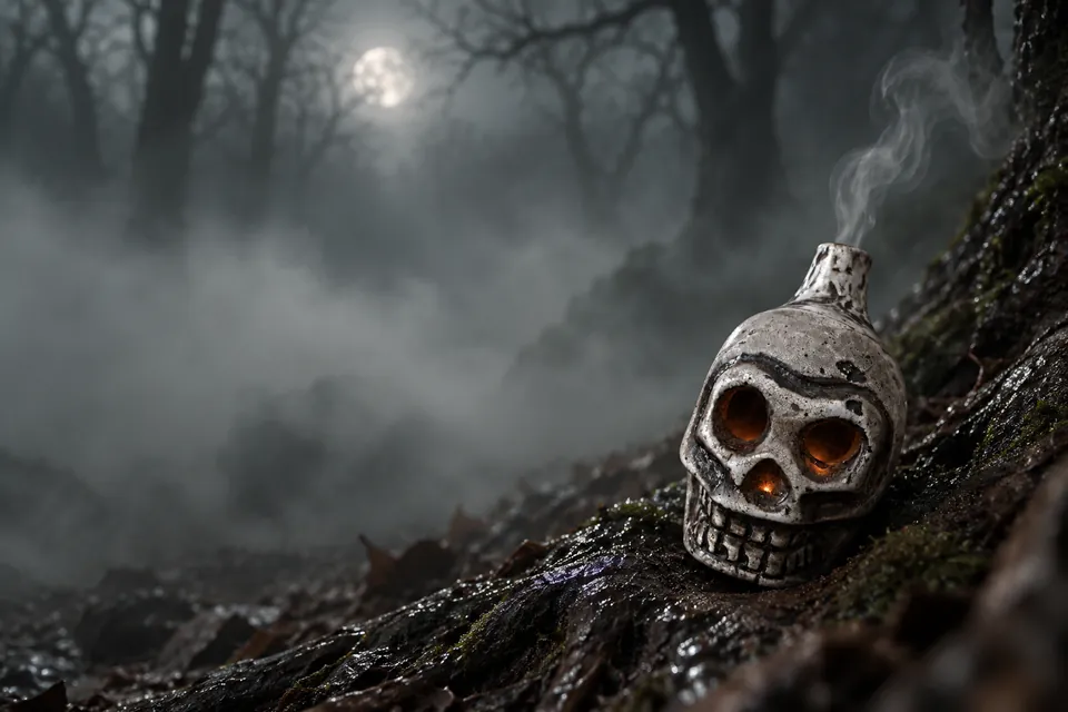 The skull whistle replica on a wet root in thick fog