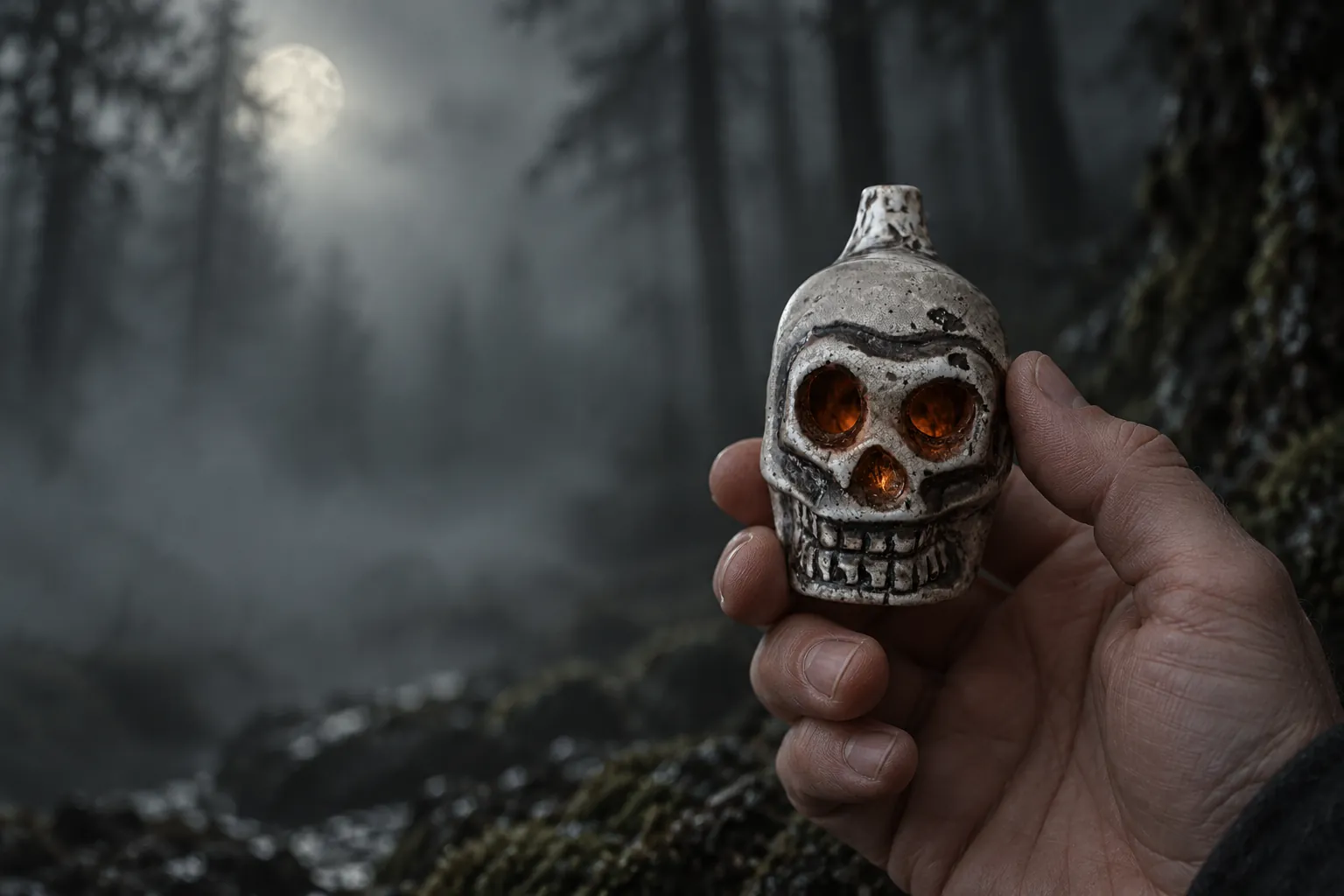 A hand holding the skull whistle replica in a misty forest at night