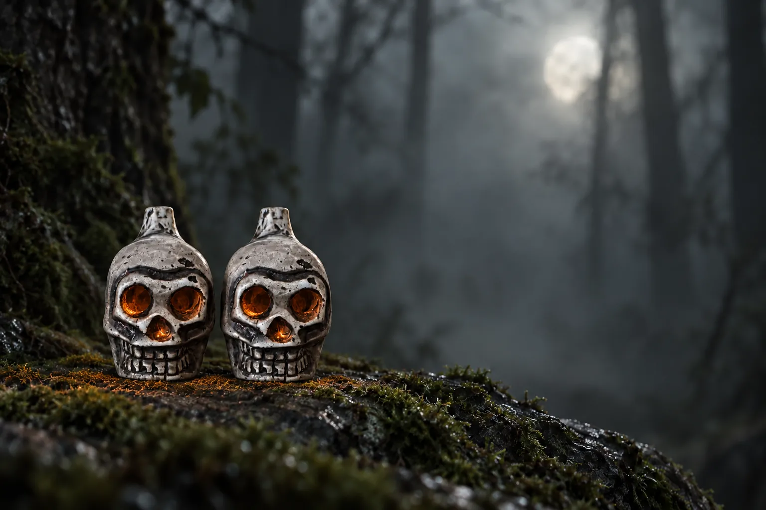 Two skull whistle replicas side by side on a mossy log in a misty forest at night