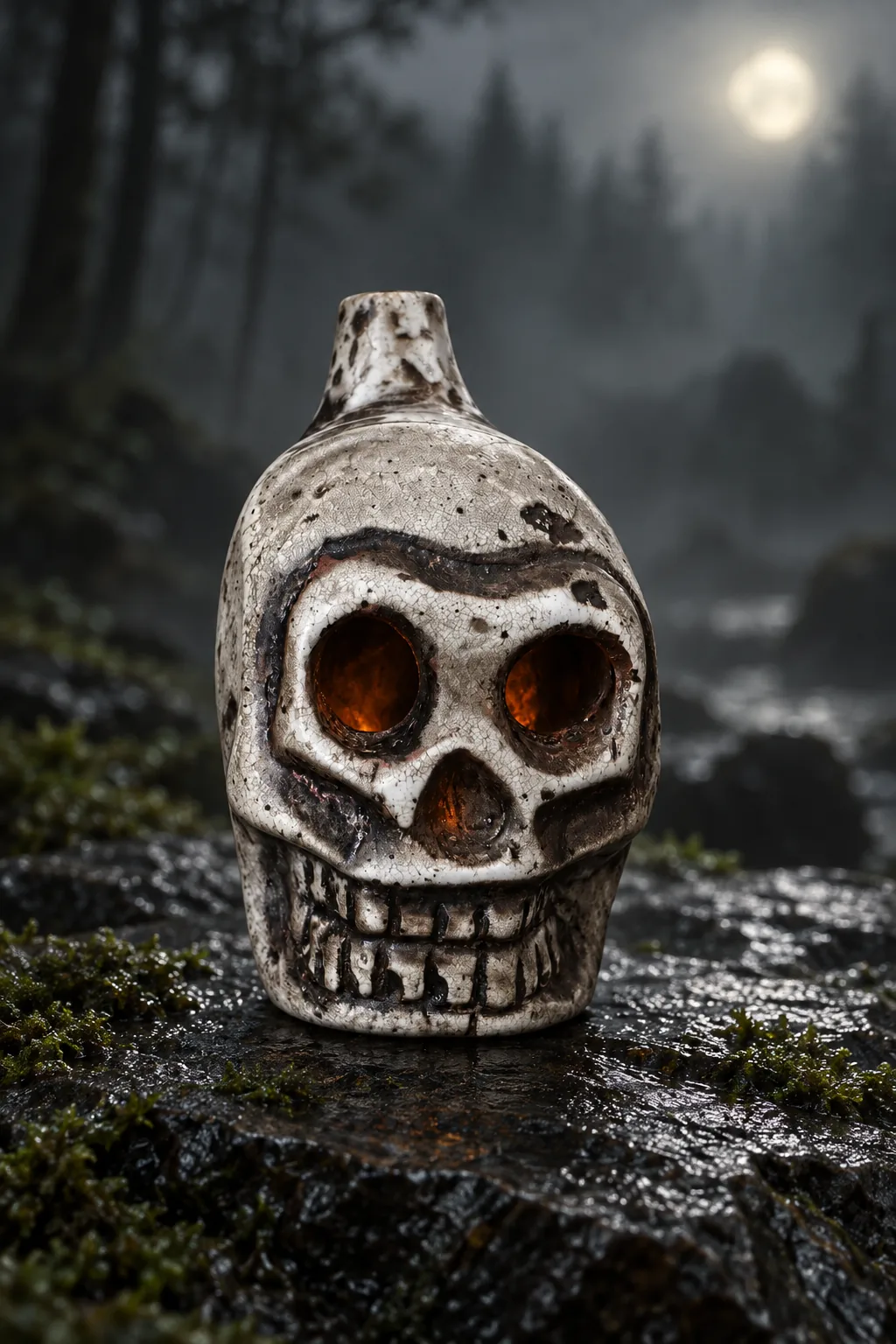 The skull whistle replica, front view, on a mossy slab in a misty forest