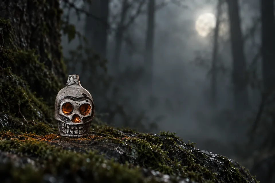 One skull whistle replica on a mossy log in a misty forest at night