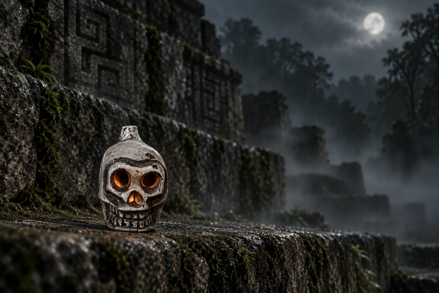 The skull whistle replica on the worn step of a stone temple ruin, in the mist