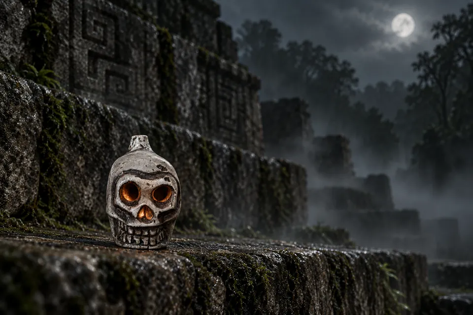 The skull whistle replica on the worn step of a stone temple ruin, in the mist