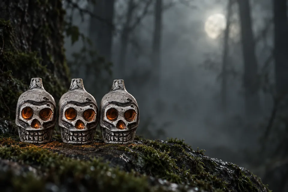 Three skull whistle replicas side by side on a mossy log in a misty forest at night