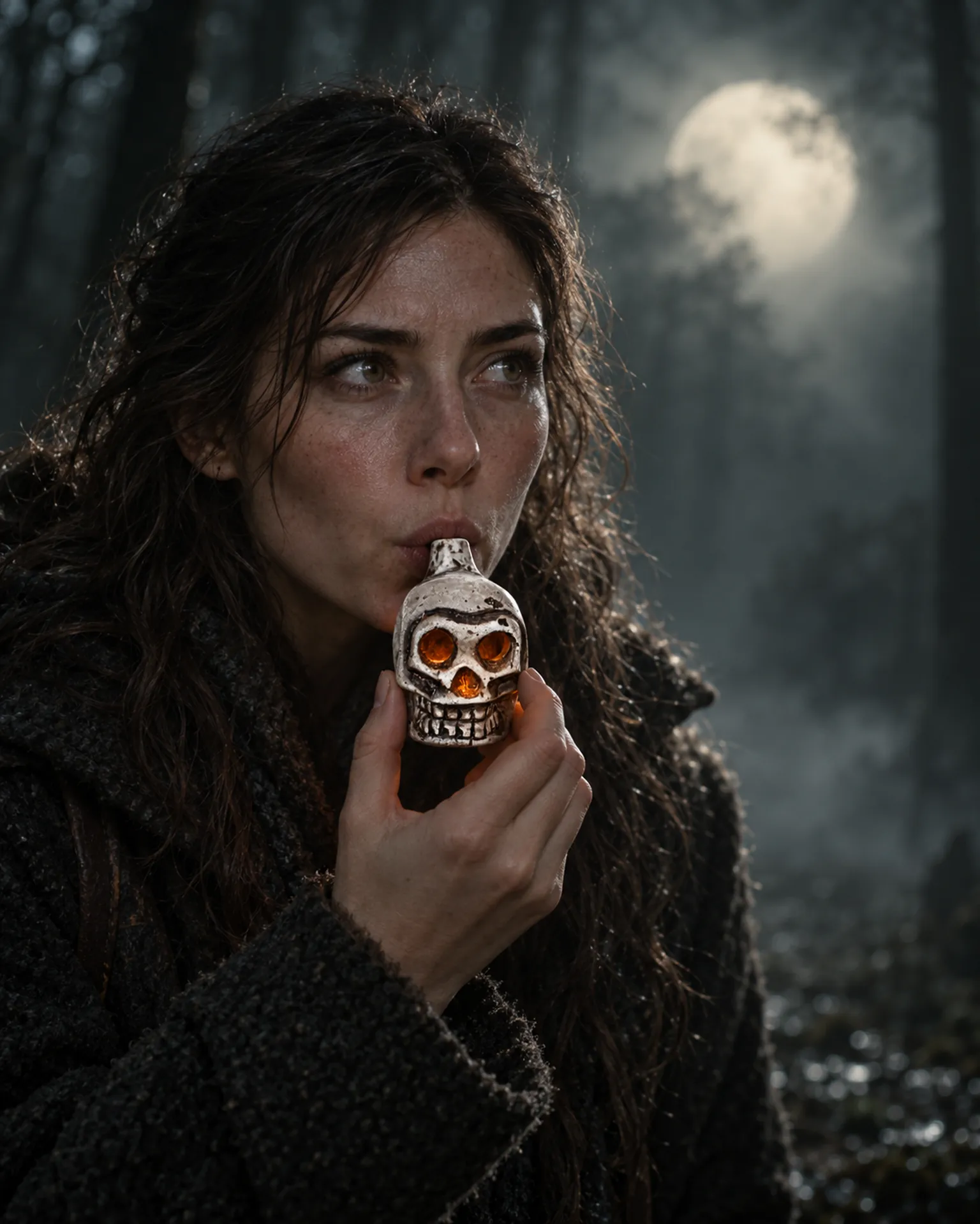 A woman blowing into the neck of the skull whistle replica in a misty, moonlit forest
